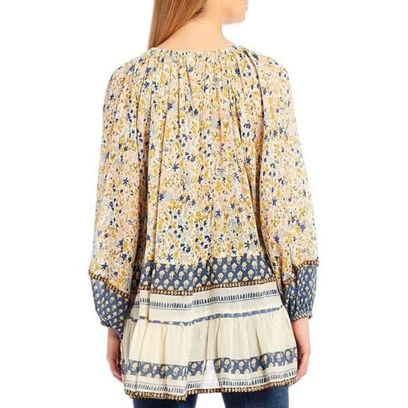 Free People Women's Gardenia Tunic Cream Blue Yellow Embellished Large - Picture 3 of 16